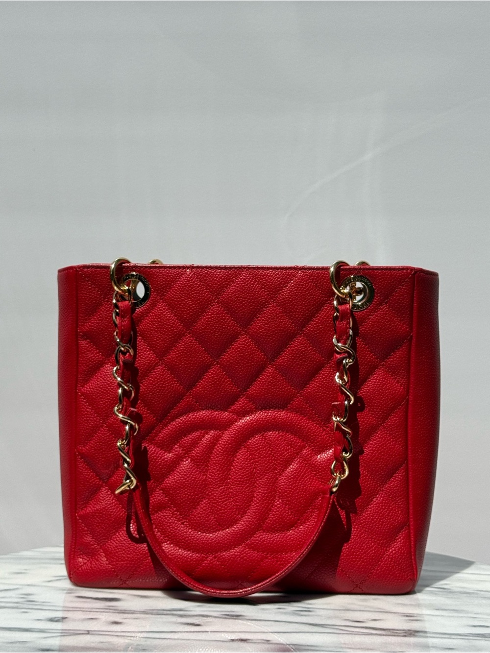 CHANEL Vintage Cherry Red Caviar Quilted Leather Tote with Gold Chain-Strap